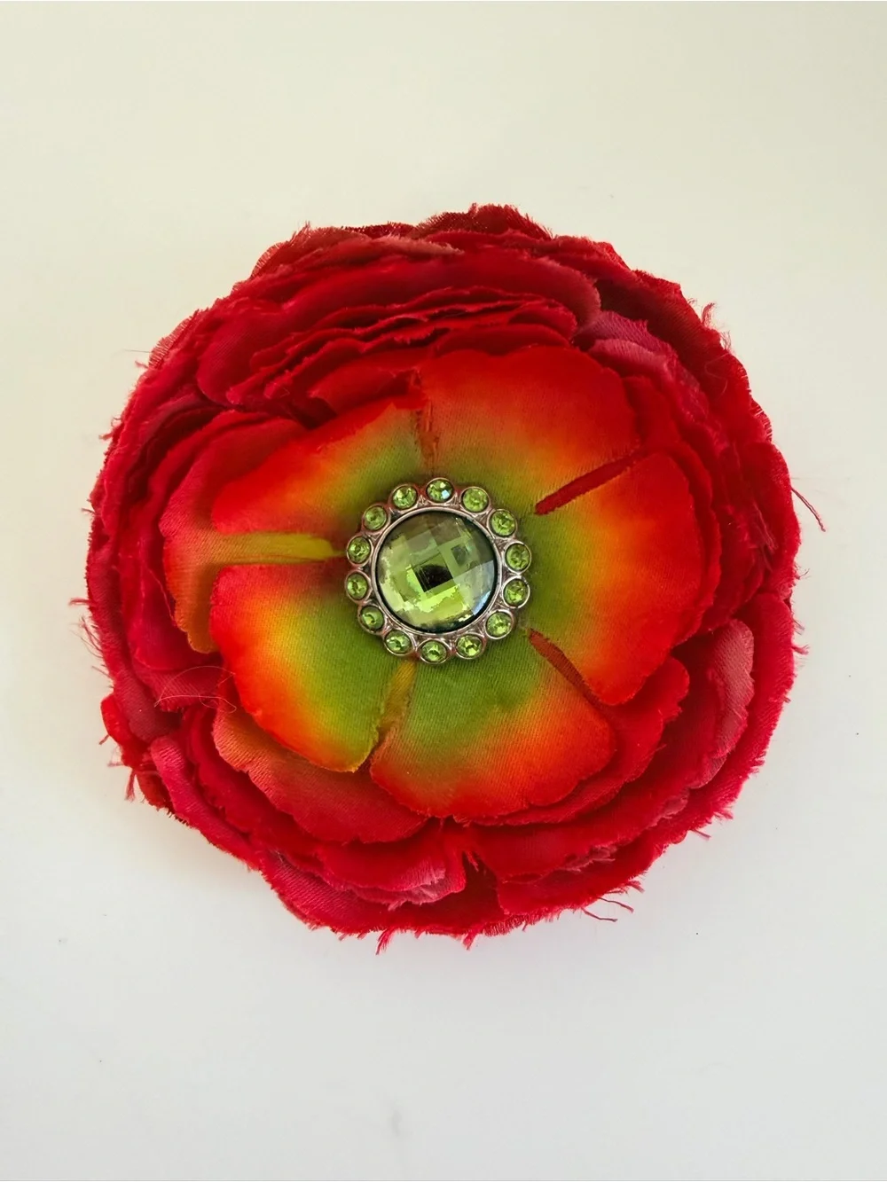 Red Flower Hair Clip Green Rhinestone Center Large Floral Statement Accessory